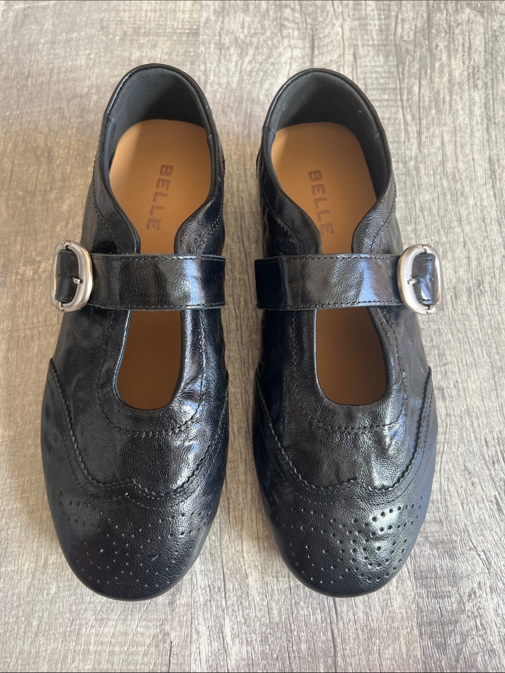 Belle Black Leather Brogue Mary Jane Flats Women's US 7.5 CN 240